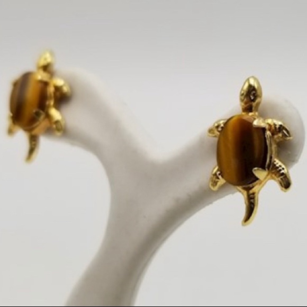 14K Yellow Gold Tigers Eye Turtle Earrings
